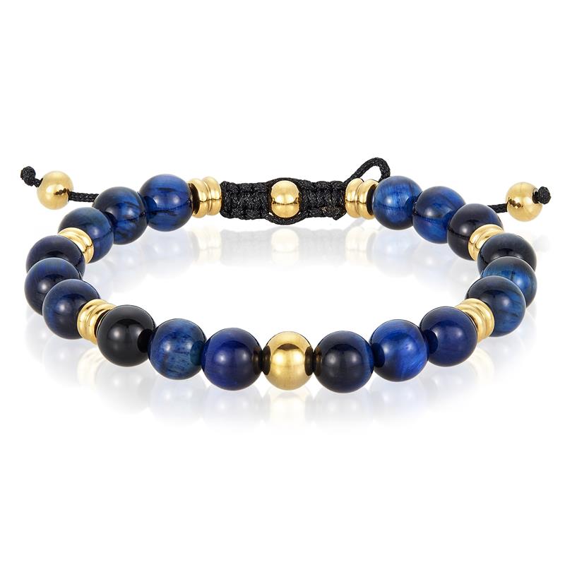 8mm Blue Tiger Eye and Gold IP Stainless Steel Beads on Adjustable Cord Tie Bracelet