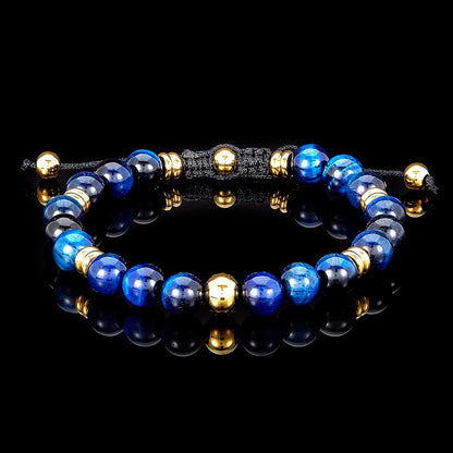 8mm Blue Tiger Eye and Gold IP Stainless Steel Beads on Adjustable Cord Tie Bracelet