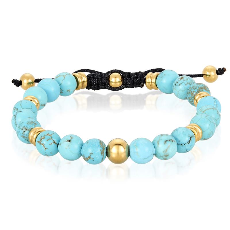 Crucible Los Angeles 8mm Turquoise and Gold IP Stainless Steel Beads on Adjustable Cord Tie Bracelet