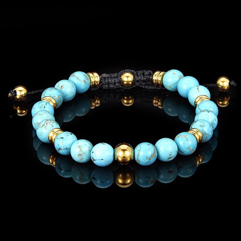 8mm Turquoise and Gold IP Stainless Steel Beads on Adjustable Cord Tie Bracelet