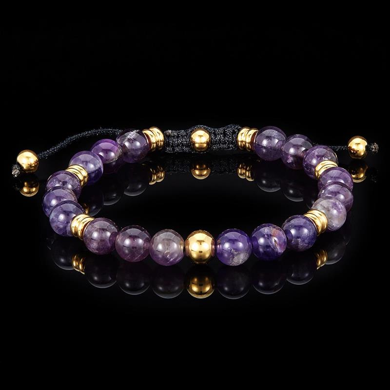 Crucible Los Angeles 8mm Amethyst and Gold IP Stainless Steel Beads on Adjustable Cord Tie Bracelet
