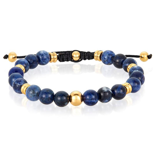 8mm Sodalite and Gold IP Stainless Steel Beads on Adjustable Cord Tie Bracelet