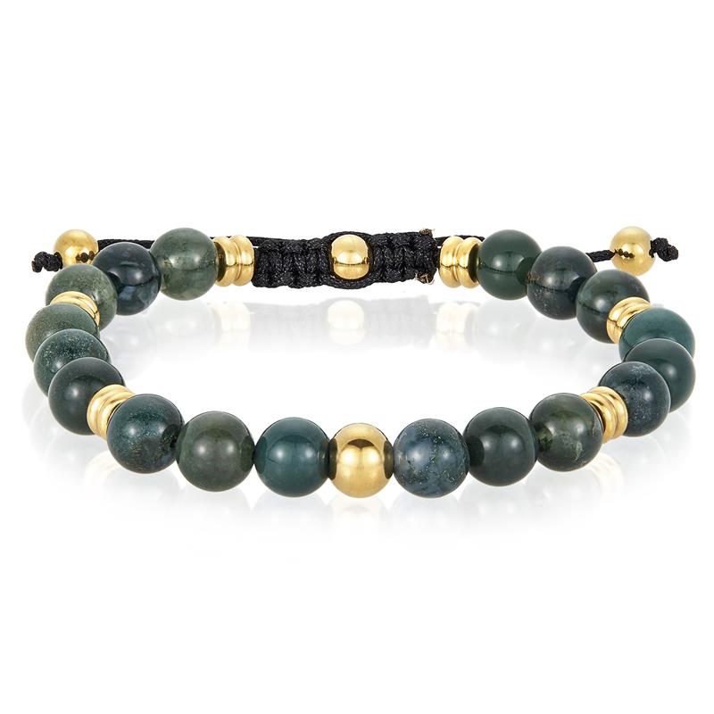 8mm Moss Agate and Gold IP Stainless Steel Beads on Adjustable Cord Tie Bracelet