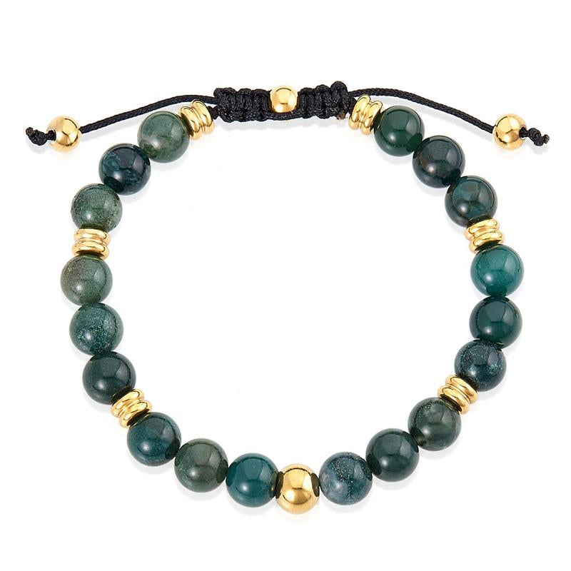 Crucible Los Angeles 8mm Moss Agate and Gold IP Stainless Steel Beads on Adjustable Cord Tie Bracelet