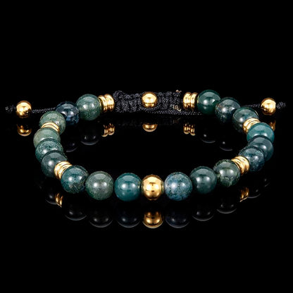 Crucible Los Angeles 8mm Moss Agate and Gold IP Stainless Steel Beads on Adjustable Cord Tie Bracelet