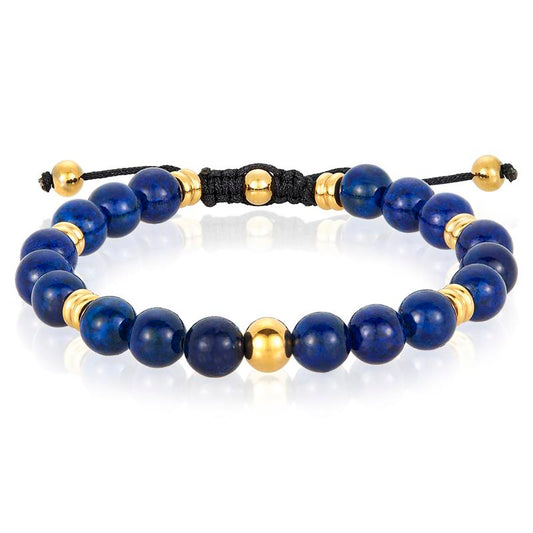 8mm Lapis Lazuli and Gold IP Stainless Steel Beads on Adjustable Cord Tie Bracelet