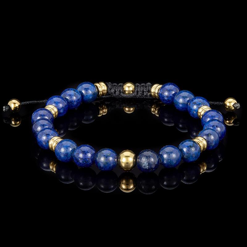 Crucible Los Angeles 8mm Lapis Lazuli and Gold IP Stainless Steel Beads on Adjustable Cord Tie Bracelet