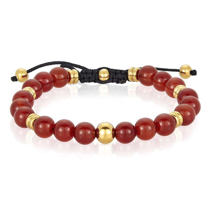 8mm Red Agate and Gold IP Stainless Steel Beads on Adjustable Cord Tie Bracelet