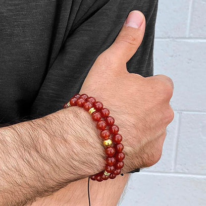 Crucible Los Angeles 8mm Red Agate and Gold IP Stainless Steel Beads on Adjustable Cord Tie Bracelet