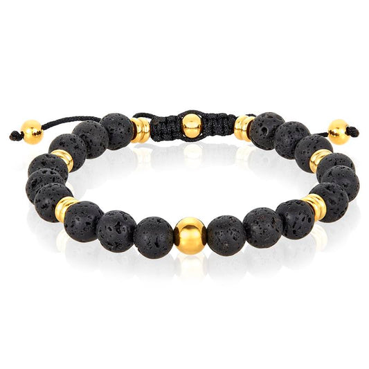 8mm Lava and Gold IP Stainless Steel Beads on Adjustable Cord Tie Bracelet