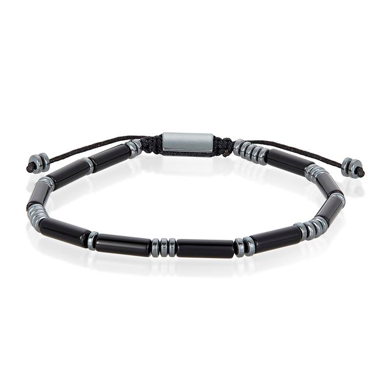 Crucible Los Angeles Hematite and Polished Black Onyx Tube Stone Hematite Bead Adjustable Cord Tie Bracelet