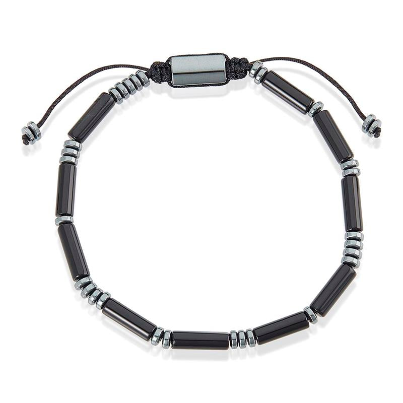 Hematite and Polished Black Onyx Tube Stone Hematite Bead Adjustable Cord Tie Bracelet