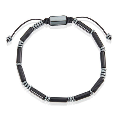 Crucible Los Angeles Hematite and Polished Black Onyx Tube Stone Hematite Bead Adjustable Cord Tie Bracelet