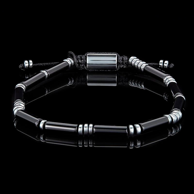 Hematite and Polished Black Onyx Tube Stone Hematite Bead Adjustable Cord Tie Bracelet