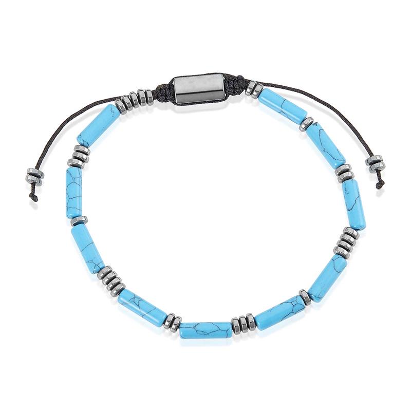Hematite and Turqouise Tube Stone Hematite Bead Adjustable Cord Tie Bracelet