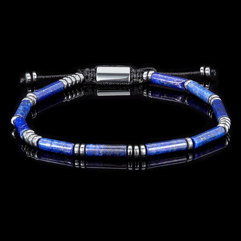 Hematite and Lapis Lazuli Tube Stone Hematite Bead Adjustable Cord Tie Bracelet
