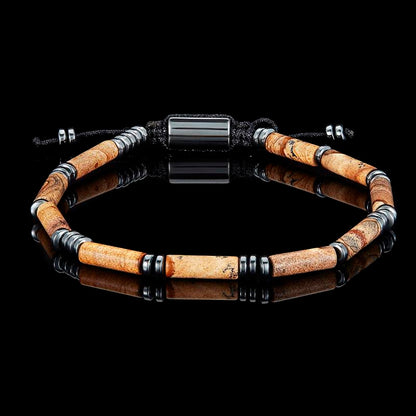 Hematite and Picture Jasper Tube Stone Hematite Bead Adjustable Cord Tie Bracelet