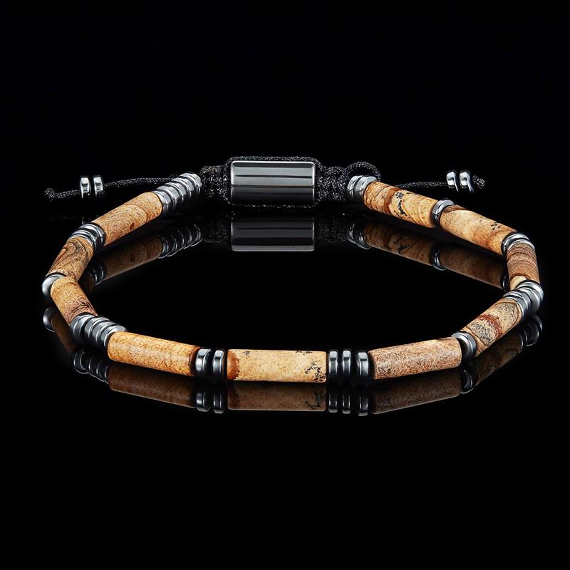 Crucible Los Angeles Hematite and Picture Jasper Tube Stone Hematite Bead Adjustable Cord Tie Bracelet