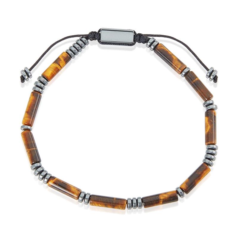 Crucible Los Angeles Hematite and Tiger Eye Tube Stone Hematite Bead Adjustable Cord Tie Bracelet