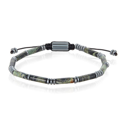 Hematite and Rainforest Jasper Tube Stone Hematite Bead Adjustable Cord Tie Bracelet