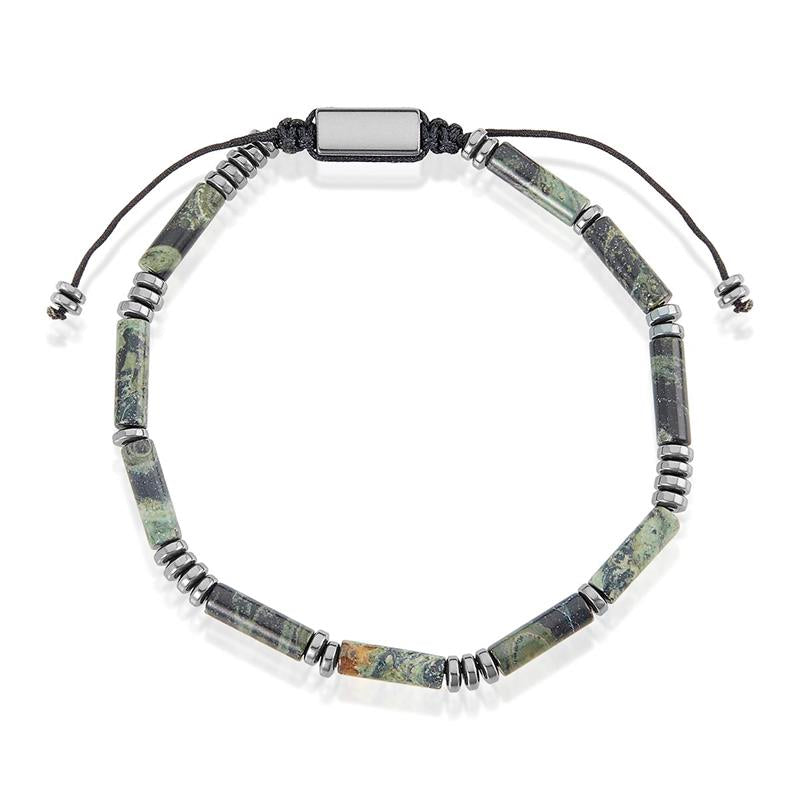 Crucible Los Angeles Hematite and Rainforest Jasper Tube Stone Hematite Bead Adjustable Cord Tie Bracelet