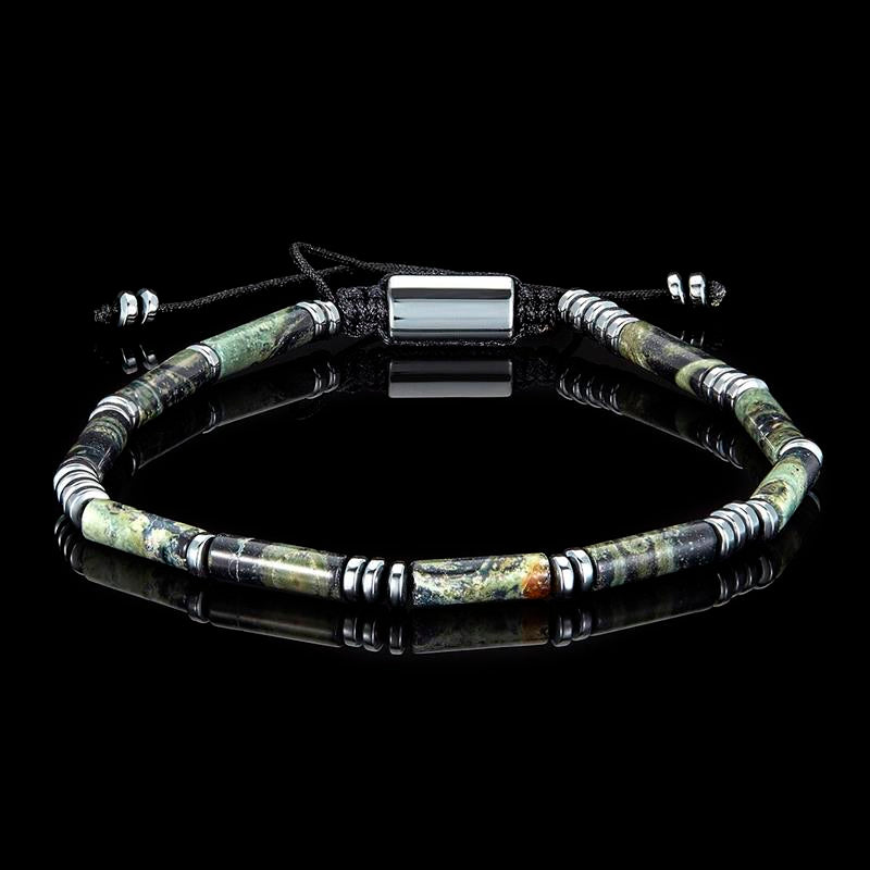 Hematite and Rainforest Jasper Tube Stone Hematite Bead Adjustable Cord Tie Bracelet