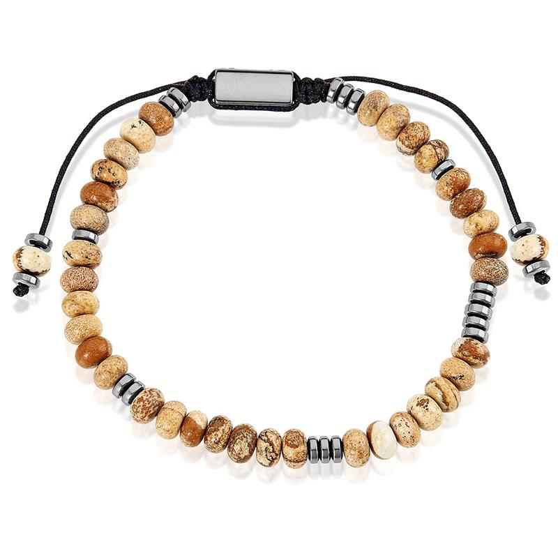 Picture Jasper Rondelle Beads with Hematite Disc Beads on Adjustable Cord Tie Bracelet