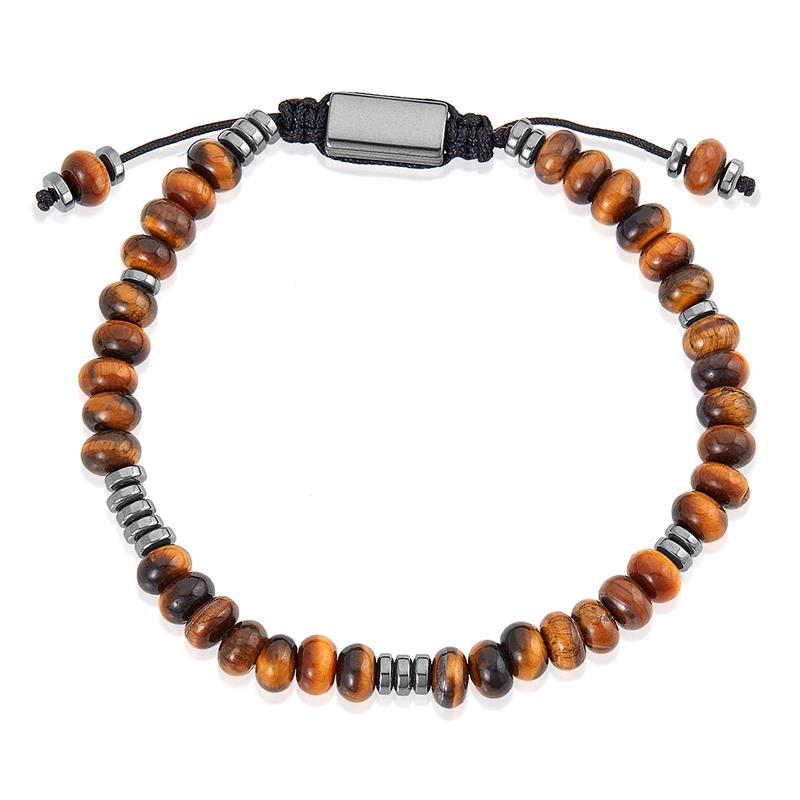Tiger Eye Rondelle Beads with Hematite Disc Beads on Adjustable Cord Tie Bracelet