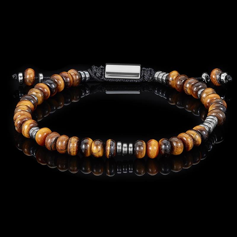 Crucible Los Angeles Tiger Eye Rondelle Beads with Hematite Disc Beads on Adjustable Cord Tie Bracelet