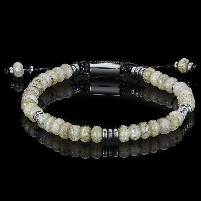 Labradorite Rondelle Beads with Hematite Disc Beads on Adjustable Cord Tie Bracelet