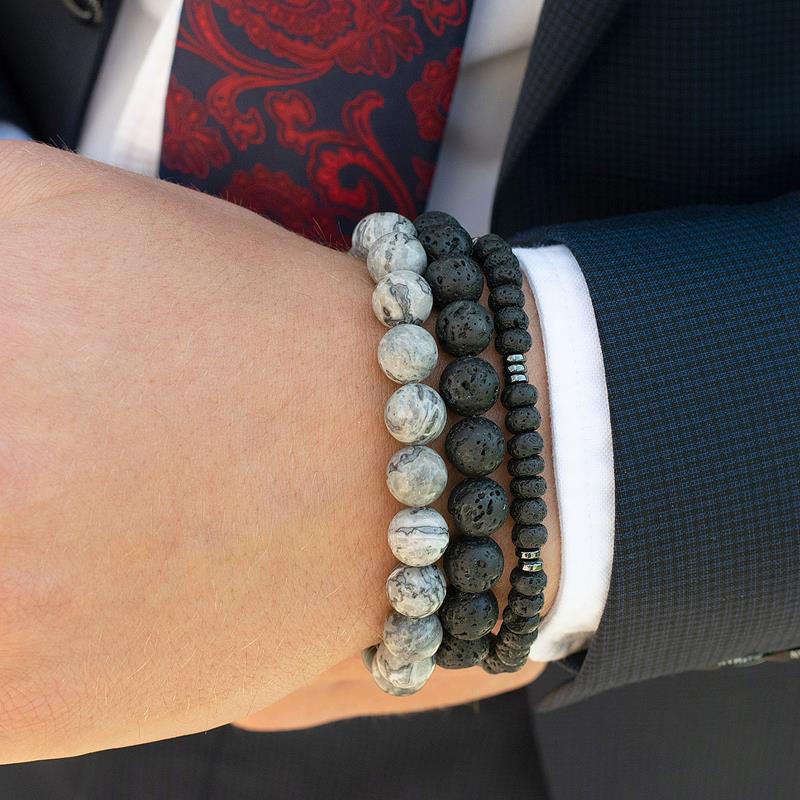 Crucible Los Angeles Lava Rondelle Beads with Hematite Disc Beads on Adjustable Cord Tie Bracelet