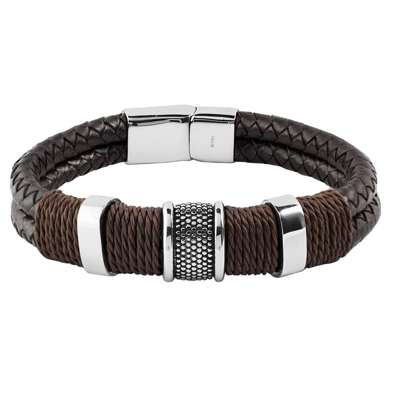 Crucible Los Angeles Brown Leather with Black Nylon Cord and Stainless Steel Beads