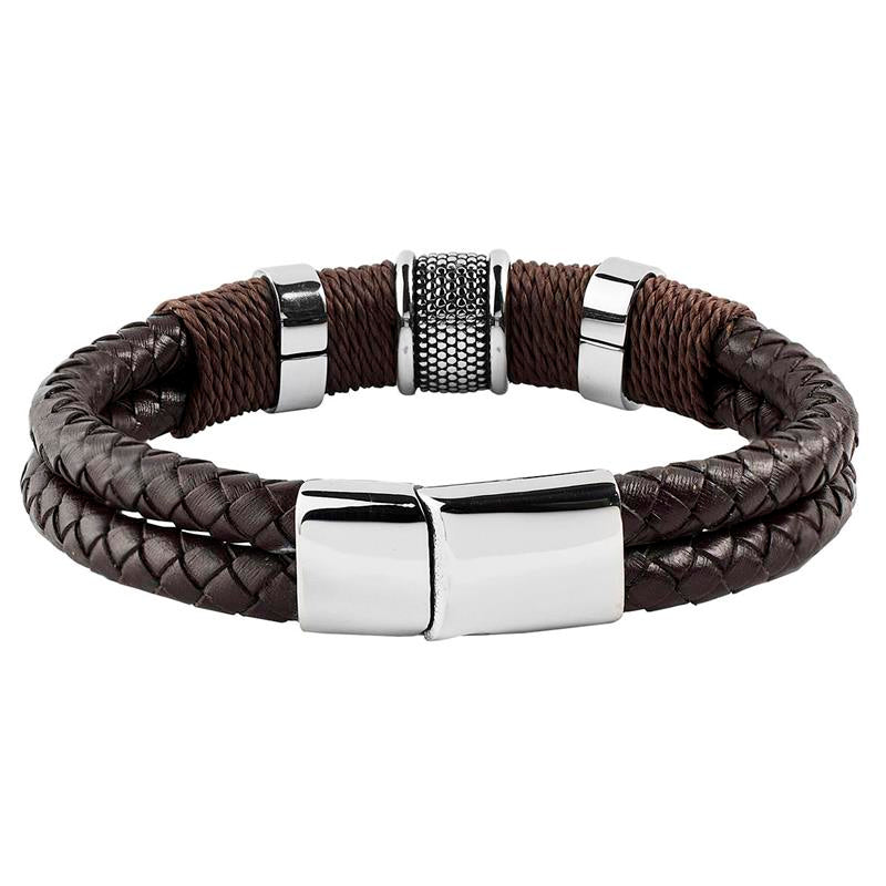 Crucible Los Angeles Brown Leather with Black Nylon Cord and Stainless Steel Beads