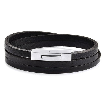 Crucible Black Leather Wrap Bracelet with Stainless Steel Clasp