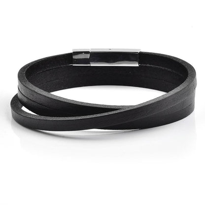 Crucible Black Leather Wrap Bracelet with Stainless Steel Clasp