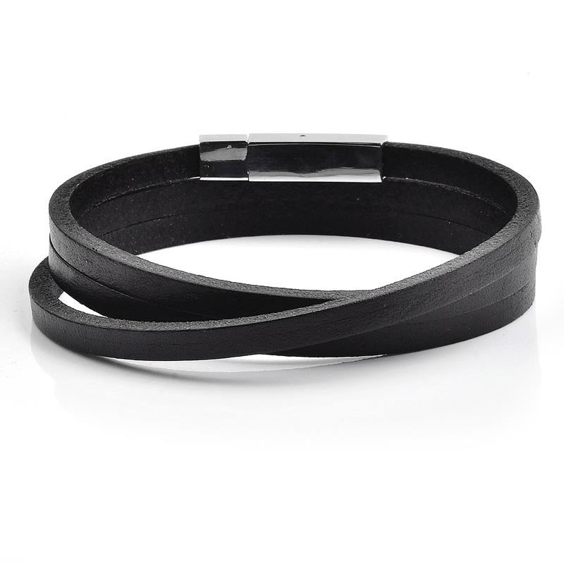 Men's Crucible Stainless Steel Black Leather Wrap Bracelet