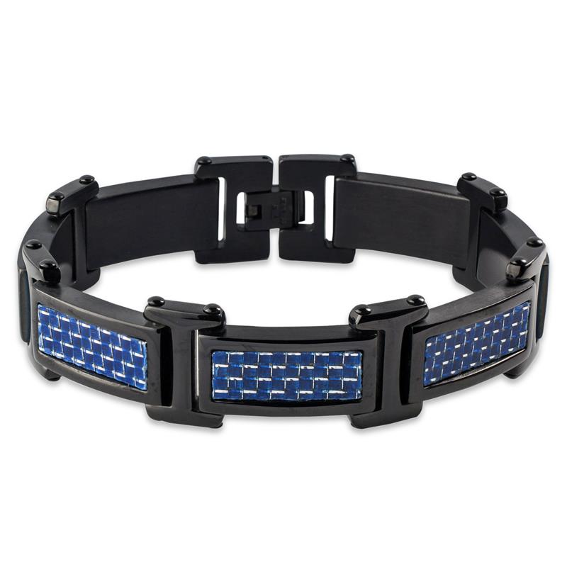 Crucible Black Plated Stainless Steel Blue Carbon Fiber Link Bracelet (20mm)
