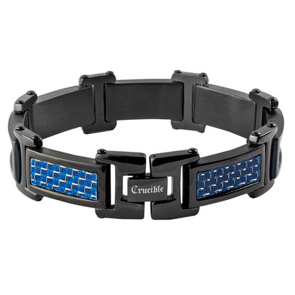 Crucible Black Plated Stainless Steel Blue Carbon Fiber Link Bracelet (20mm)