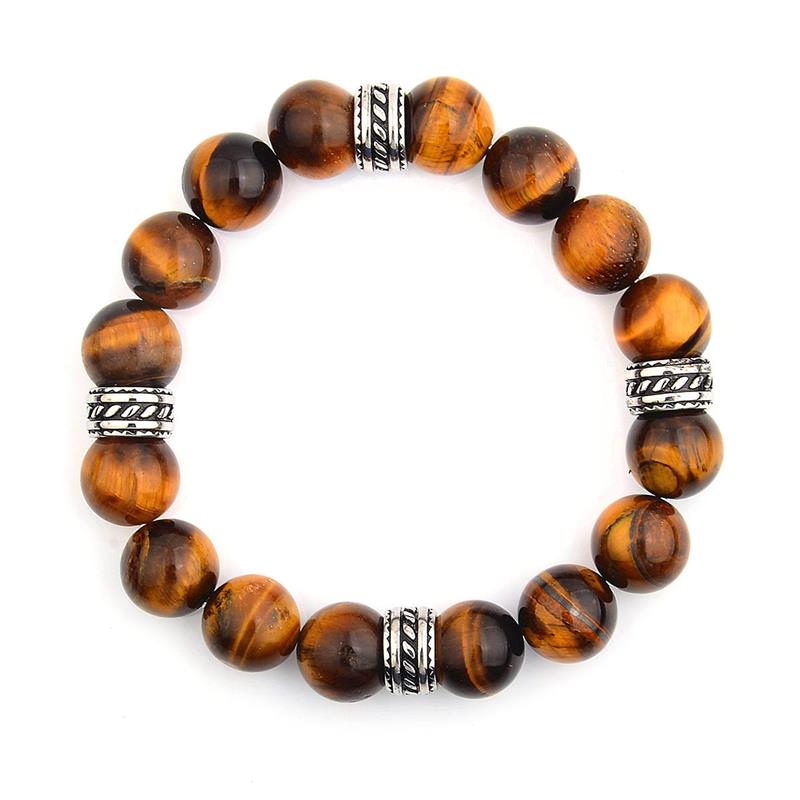 Crucible Los Angeles Polished Tiger Eye and Steel Tribal Beaded Stretch Bracelet (12mm)