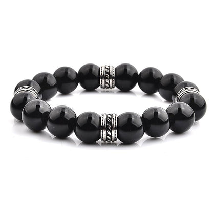 Crucible Los Angeles Polished Onyx and Steel Tribal Beaded Stretch Bracelet (12mm)