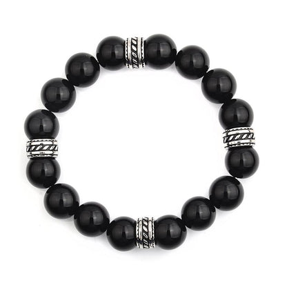 Crucible Los Angeles Polished Onyx and Steel Tribal Beaded Stretch Bracelet (12mm)
