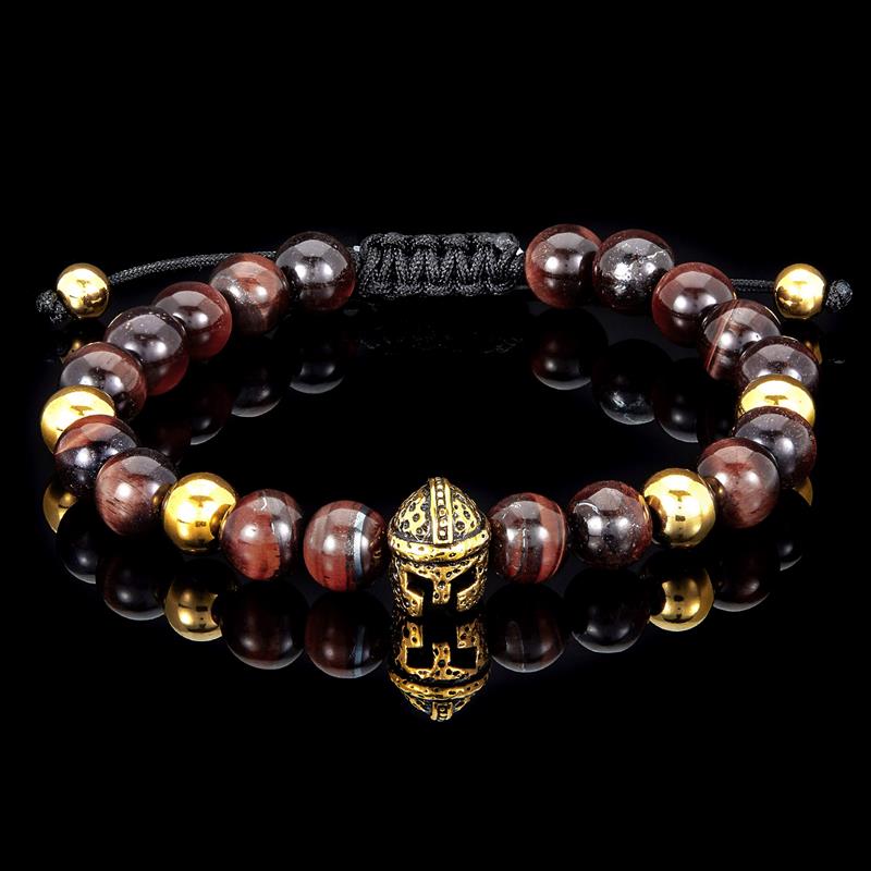 Crucible Los Angeles Red Tiger Eye and Gold Stainless Steel Spartan Helmet Bead Adjustable Bracelet