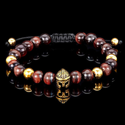 Crucible Los Angeles Red Tiger Eye and Gold Stainless Steel Spartan Helmet Bead Adjustable Bracelet