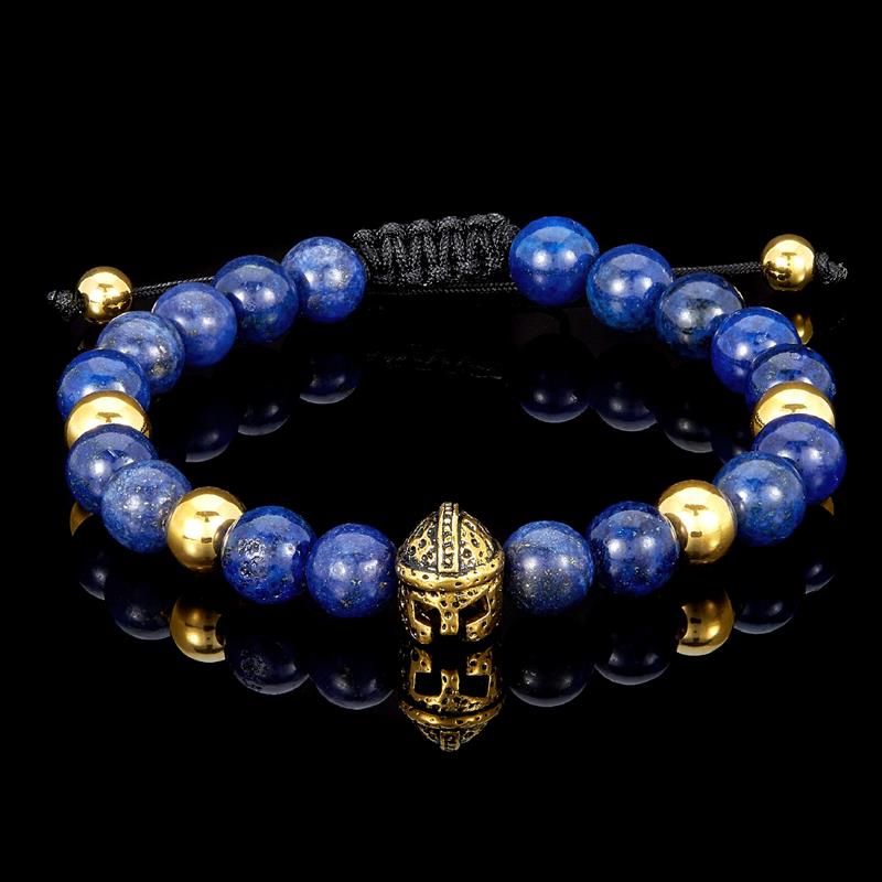 Crucible Los Angeles Lapis Lazuli and Gold Stainless Steel Spartan Helmet Bead Adjustable Bracelet