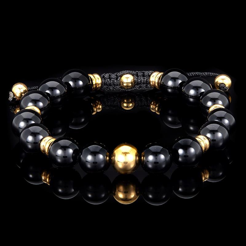 Crucible Los Angeles Gold Plated Stainless Steel Black Onyx Stone Adjustable Bracelet (10mm)