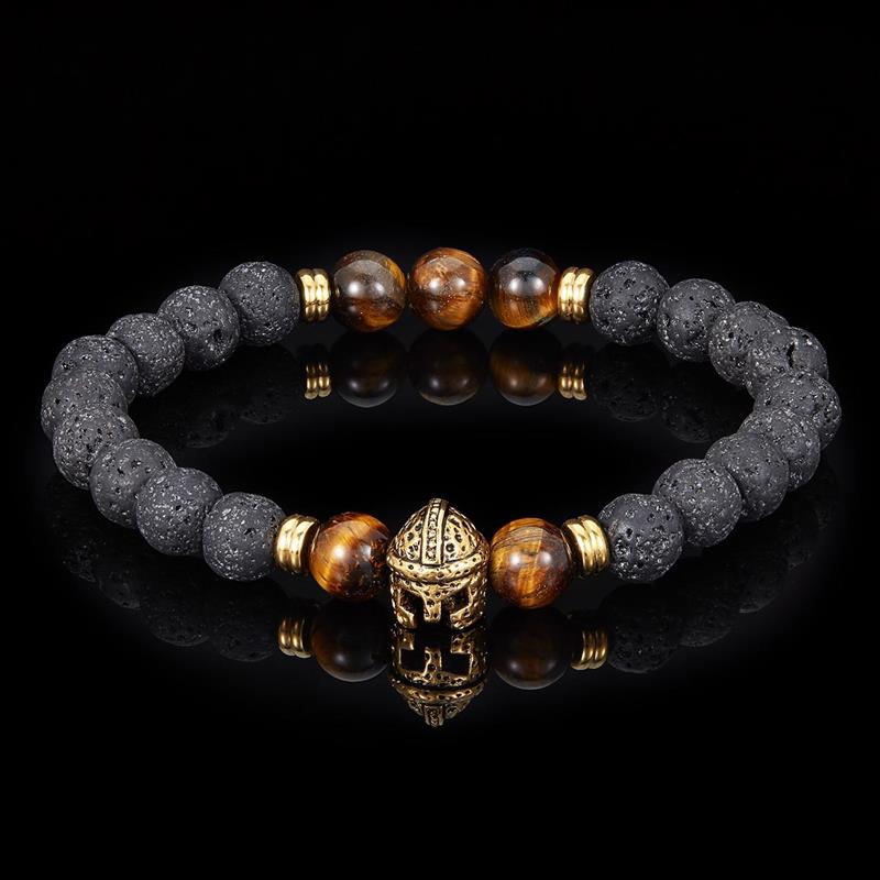Crucible Los Angeles Lava and Tiger Eye Gold Plated Stainless Steel Spartan Helmet Stretch Bracelet