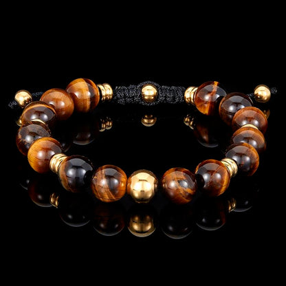 Crucible Los Angeles Gold Plated Stainless Steel Tiger Eye Stone Adjustable Bracelet (10mm)