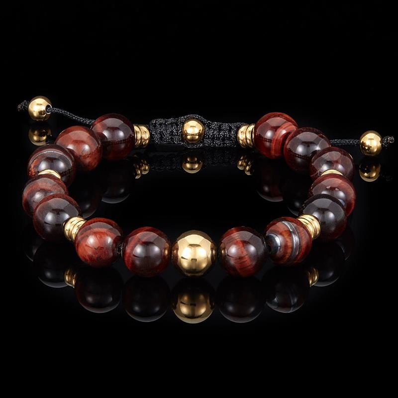 Crucible Los Angeles Gold Plated Stainless Steel Red Tiger Eye Stone Adjustable Bracelet (10mm)