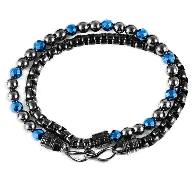 Gunmetal Plated Steel and 6mm Round/Faceted Blue Hematite Bracelet