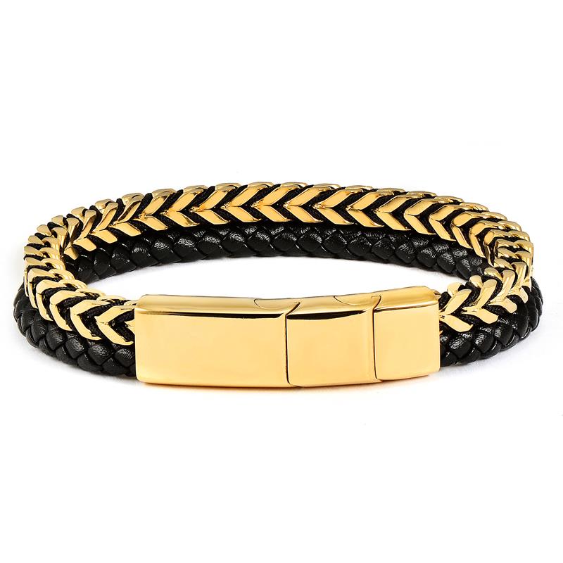 Crucible Los Angeles Gold Polished Stainless Steel Black Leather and Franco Chain Bracelet